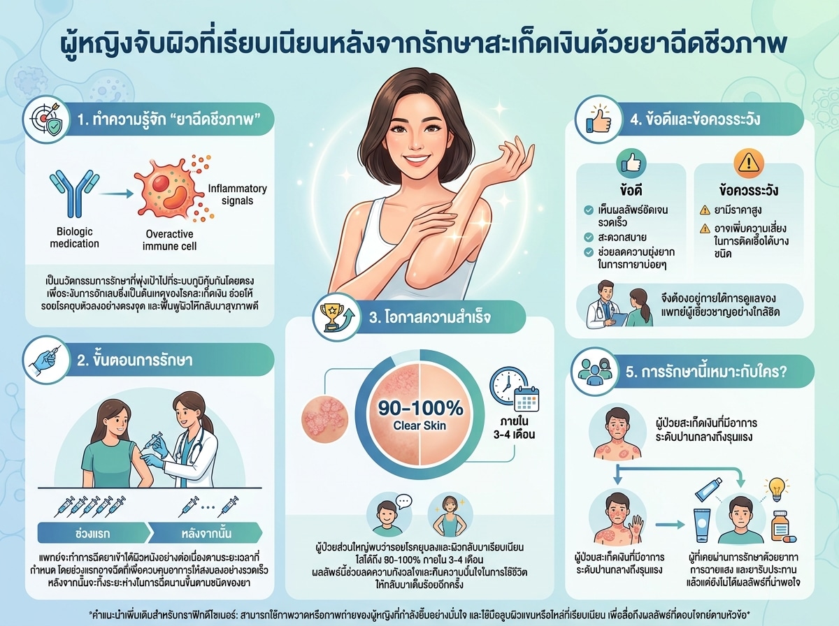 ผู้หญิงจับผิวที่เรียบเนียนหลังจากรักษาสะเก็ดเงินด้วยยาฉีดชีวภาพ
