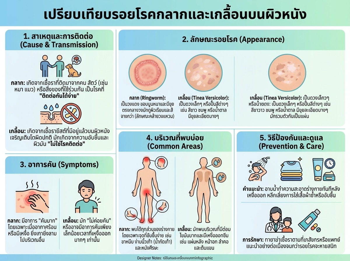 เปรียบเทียบรอยโรคกลากและเกลื้อนบนผิวหนัง
