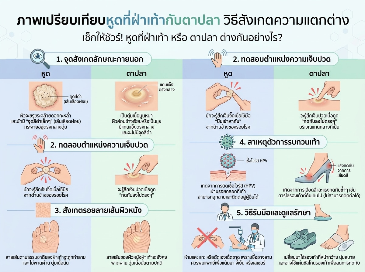 ภาพเปรียบเทียบหูดที่ฝ่าเท้ากับตาปลา วิธีสังเกตความแตกต่าง