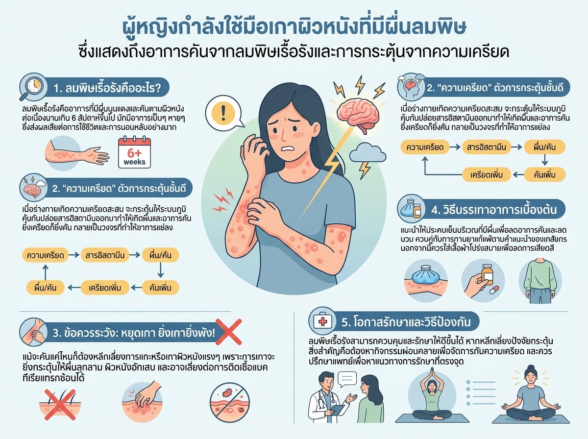 ผู้หญิงกำลังใช้มือเกาผิวหนังที่มีผื่นลมพิษ ซึ่งแสดงถึงอาการคันจากลมพิษเรื้อรังและการกระตุ้นจากความเครียด