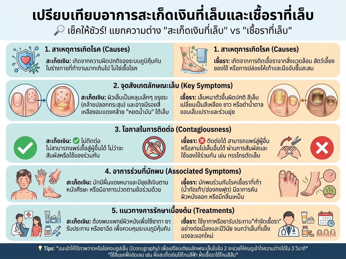 เปรียบเทียบอาการสะเก็ดเงินที่เล็บและเชื้อราที่เล็บ