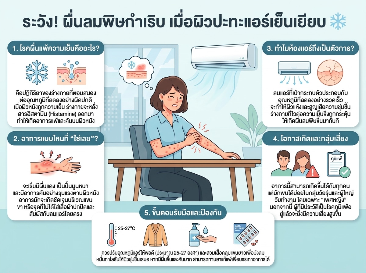 หญิงสาวกำลังเกาแขนจากผื่นลมพิษจากความเย็นในห้องแอร์