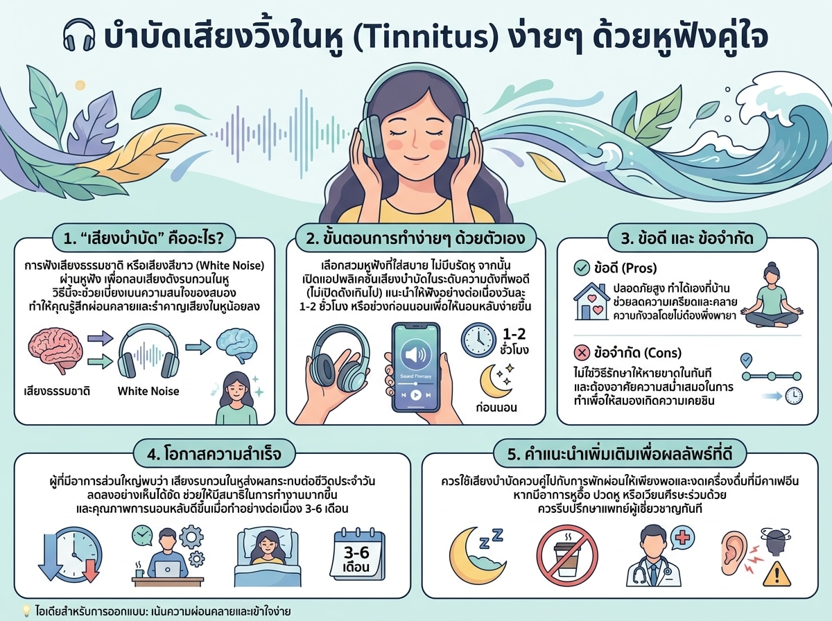ผู้หญิงกำลังฟังเสียงบำบัดอาการมีเสียงในหูด้วยหูฟัง