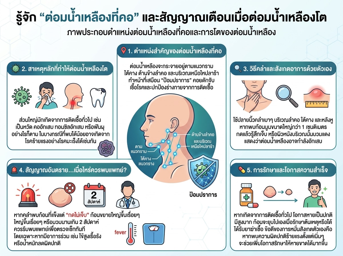 ภาพประกอบตำแหน่งต่อมน้ำเหลืองที่คอและการโตของต่อมน้ำเหลือง