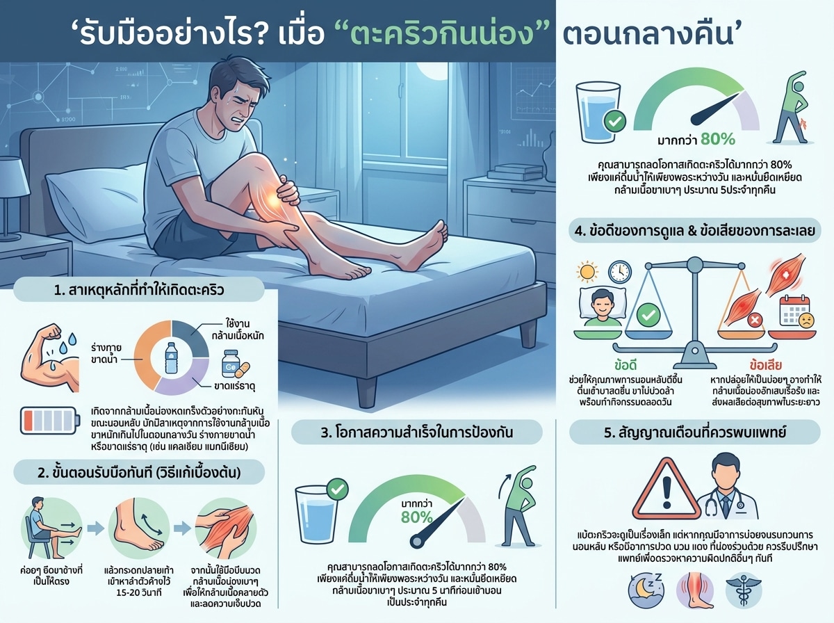 ผู้ชายจับน่องที่มีอาการตะคริวที่ขาตอนกลางคืน