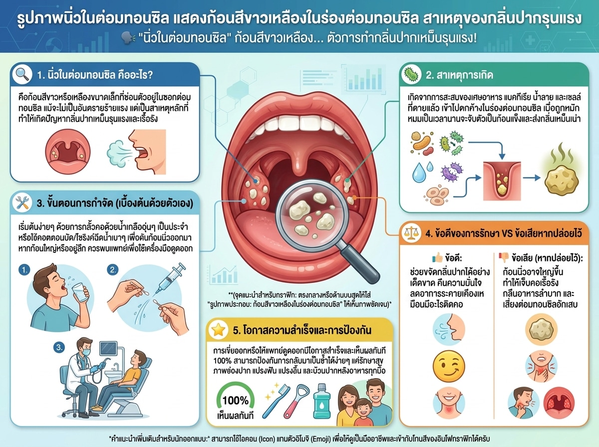 รูปภาพนิ่วในต่อมทอนซิล แสดงก้อนสีขาวเหลืองในร่องต่อมทอนซิล สาเหตุของกลิ่นปากรุนแรง