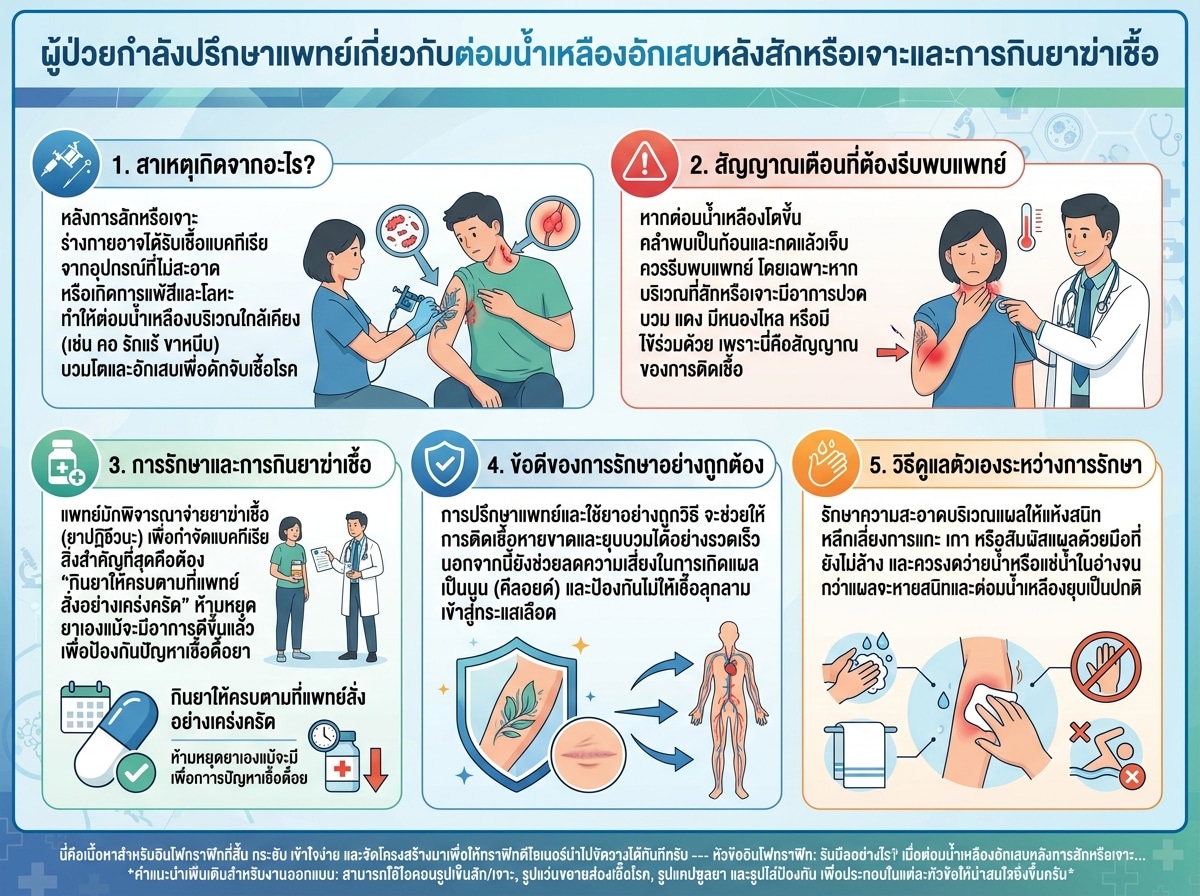 ผู้ป่วยกำลังปรึกษาแพทย์เกี่ยวกับต่อมน้ำเหลืองอักเสบหลังสักหรือเจาะและการกินยาฆ่าเชื้อ