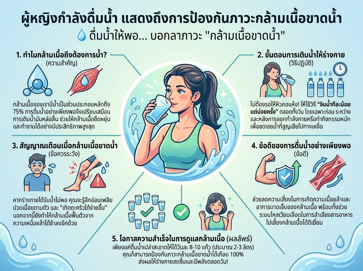 ผู้หญิงกำลังดื่มน้ำ แสดงถึงการป้องกันภาวะกล้ามเนื้อขาดน้ำ