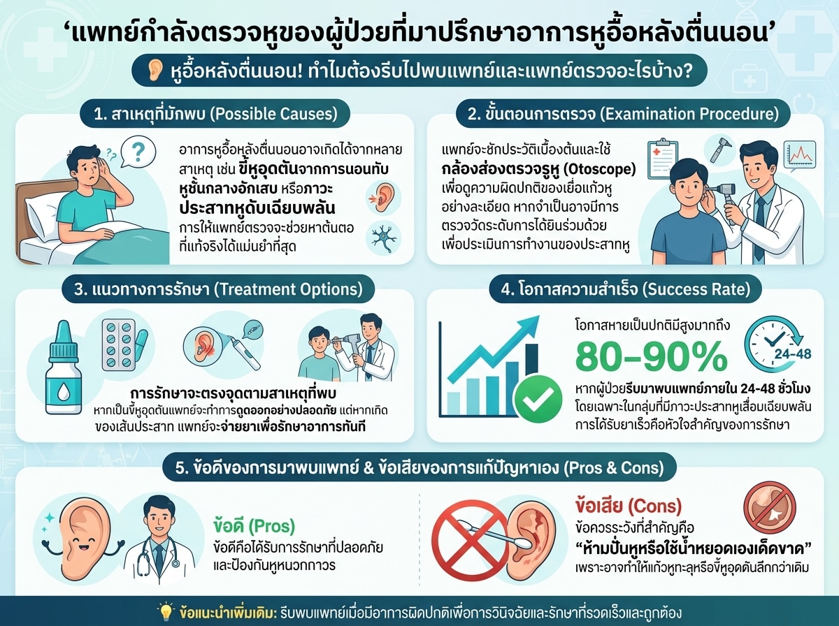 แพทย์กำลังตรวจหูของผู้ป่วยที่มาปรึกษาอาการหูอื้อหลังตื่นนอน