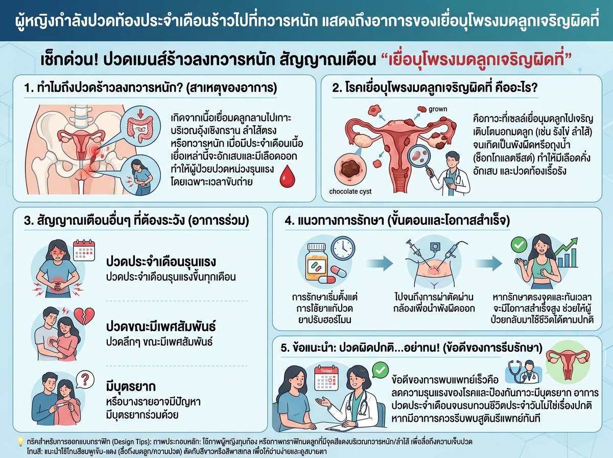 ผู้หญิงกำลังปวดท้องประจำเดือนร้าวไปที่ทวารหนัก แสดงถึงอาการของเยื่อบุโพรงมดลูกเจริญผิดที่