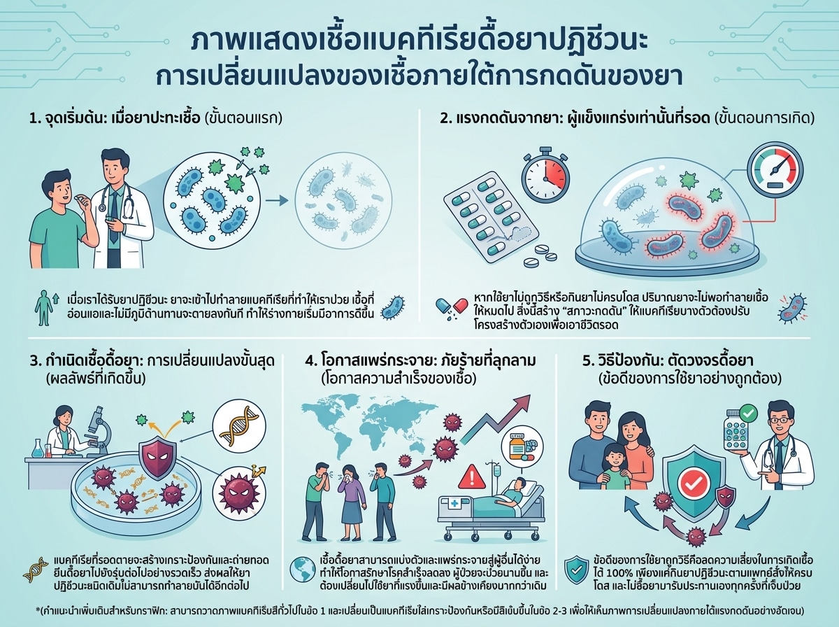 ภาพแสดงเชื้อแบคทีเรียดื้อยาปฏิชีวนะ การเปลี่ยนแปลงของเชื้อภายใต้การกดดันของยา
