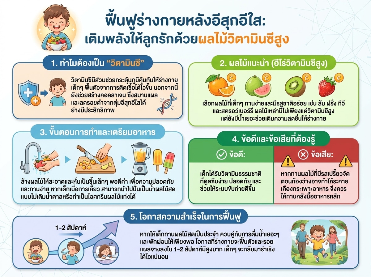เด็กกำลังกินผลไม้ที่มีวิตามินซีสูงเพื่อฟื้นฟูร่างกายหลังอีสุกอีใส