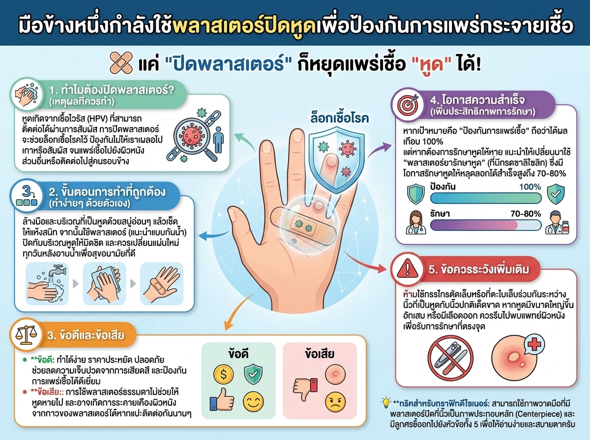 มือข้างหนึ่งกำลังใช้พลาสเตอร์ปิดหูดเพื่อป้องกันการแพร่กระจายเชื้อ