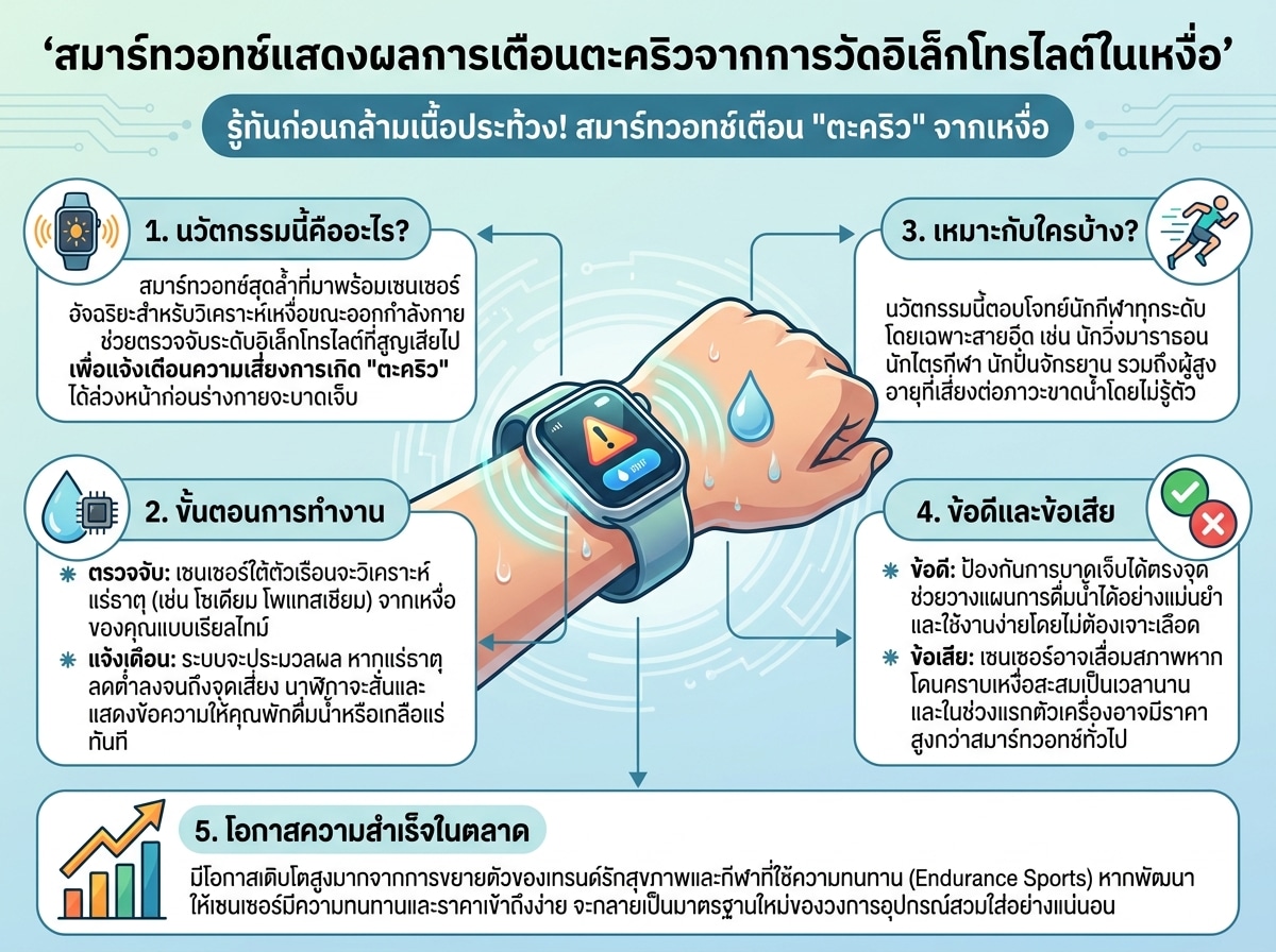 สมาร์ทวอทช์แสดงผลการเตือนตะคริวจากการวัดอิเล็กโทรไลต์ในเหงื่อ