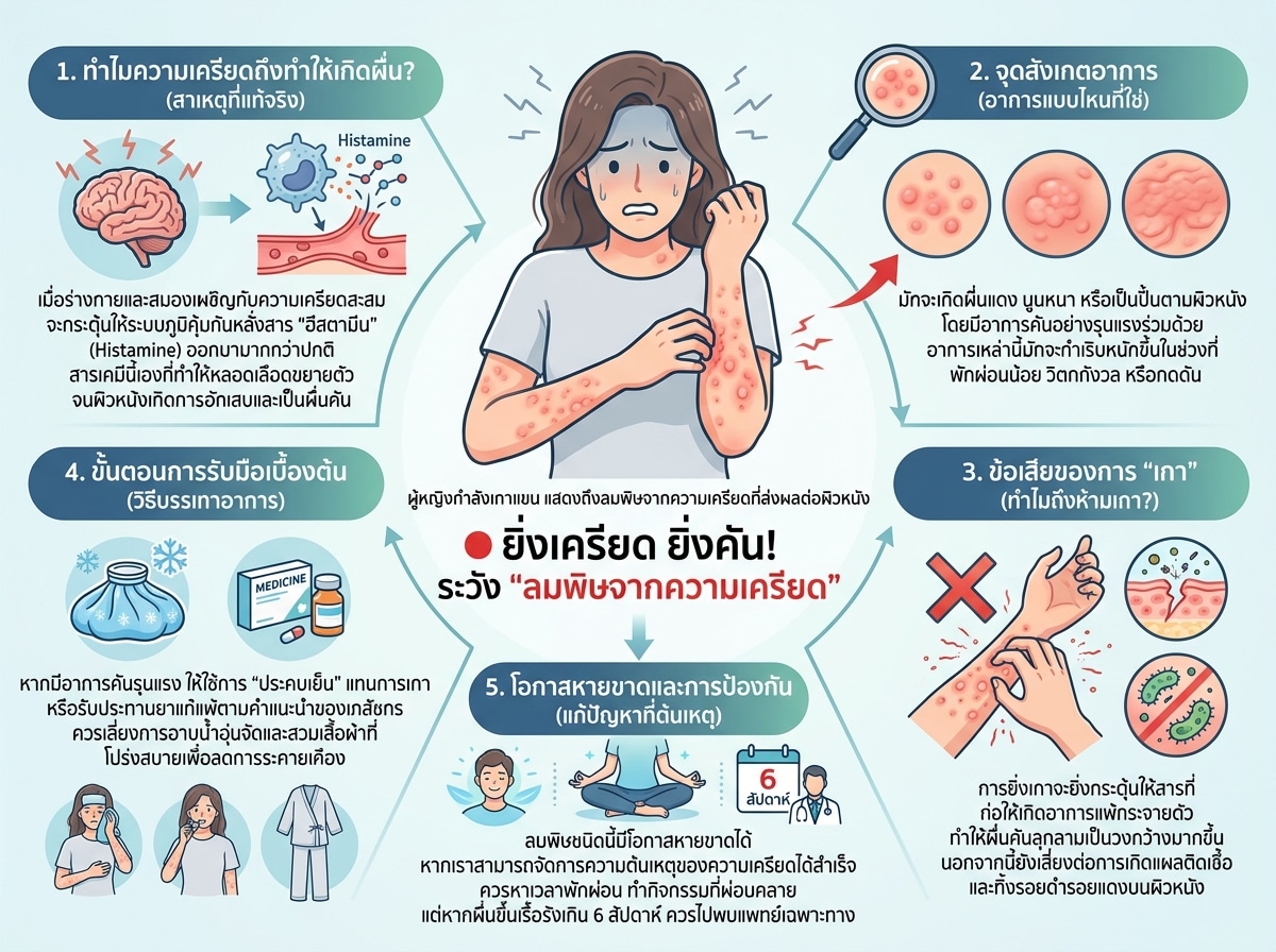 ผู้หญิงกำลังเกาแขน แสดงถึงลมพิษจากความเครียดที่ส่งผลต่อผิวหนัง