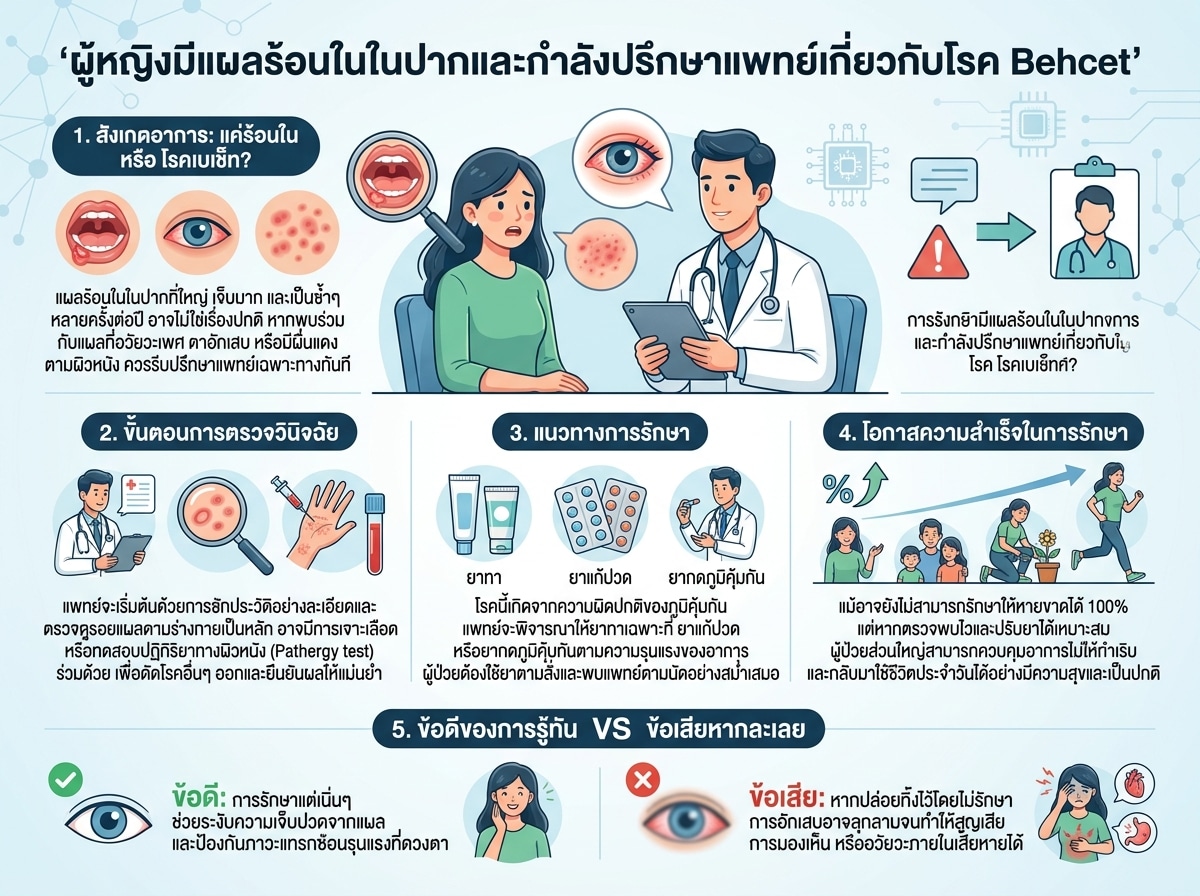 ผู้หญิงมีแผลร้อนในในปากและกำลังปรึกษาแพทย์เกี่ยวกับโรค Behcet