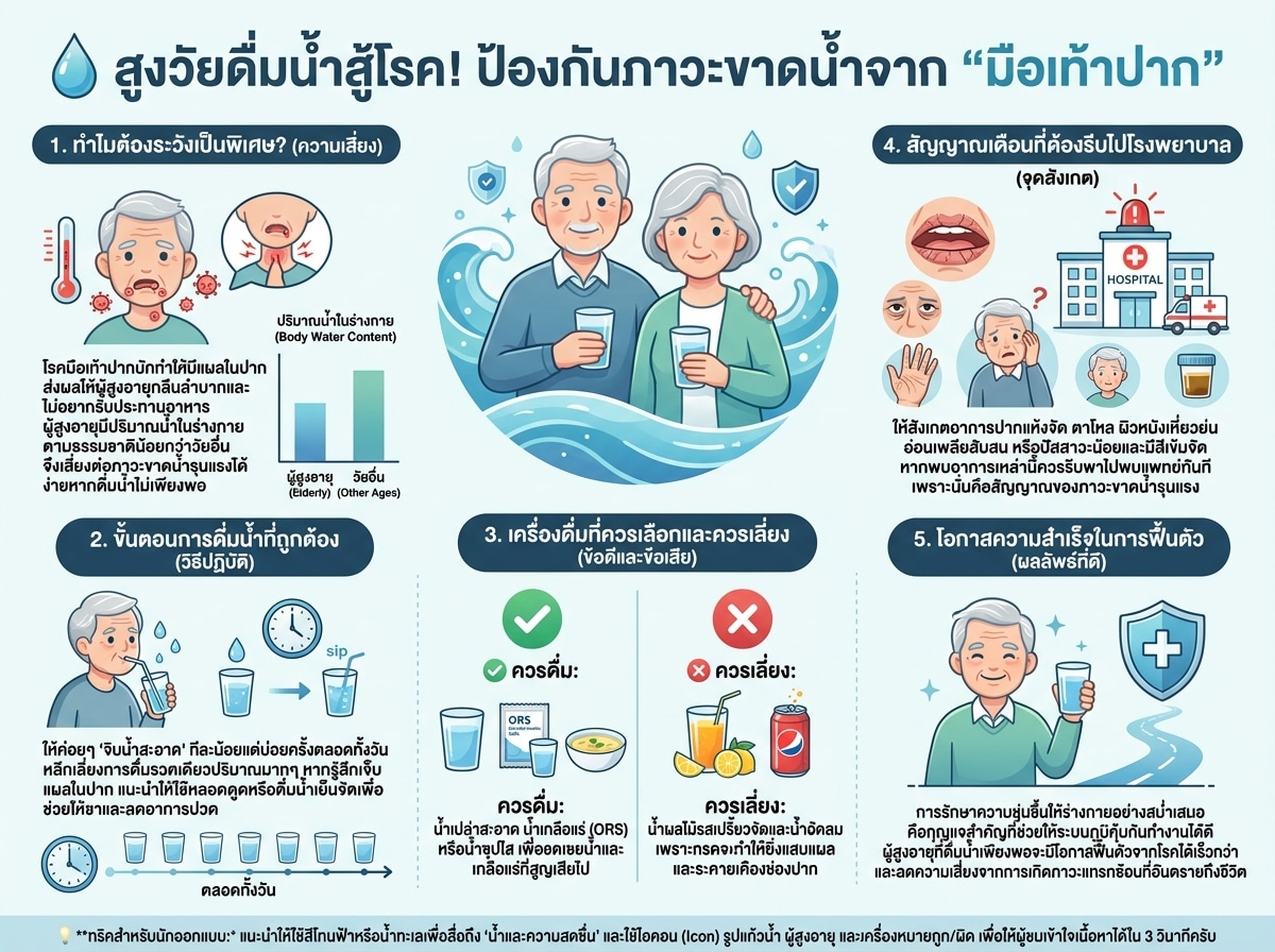ผู้สูงอายุที่กำลังดื่มน้ำเพื่อป้องกันภาวะขาดน้ำจากโรคมือเท้าปาก