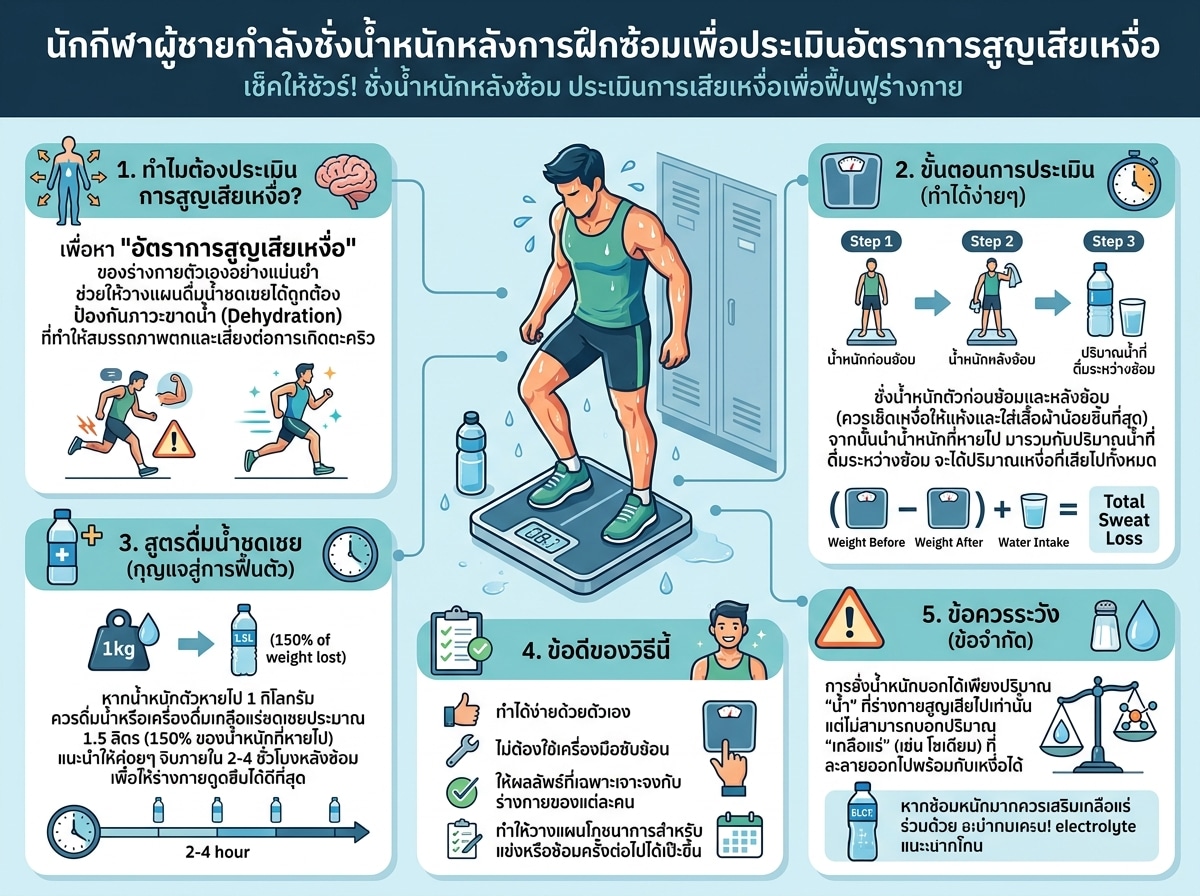 นักกีฬาผู้ชายกำลังชั่งน้ำหนักหลังการฝึกซ้อมเพื่อประเมินอัตราการสูญเสียเหงื่อ