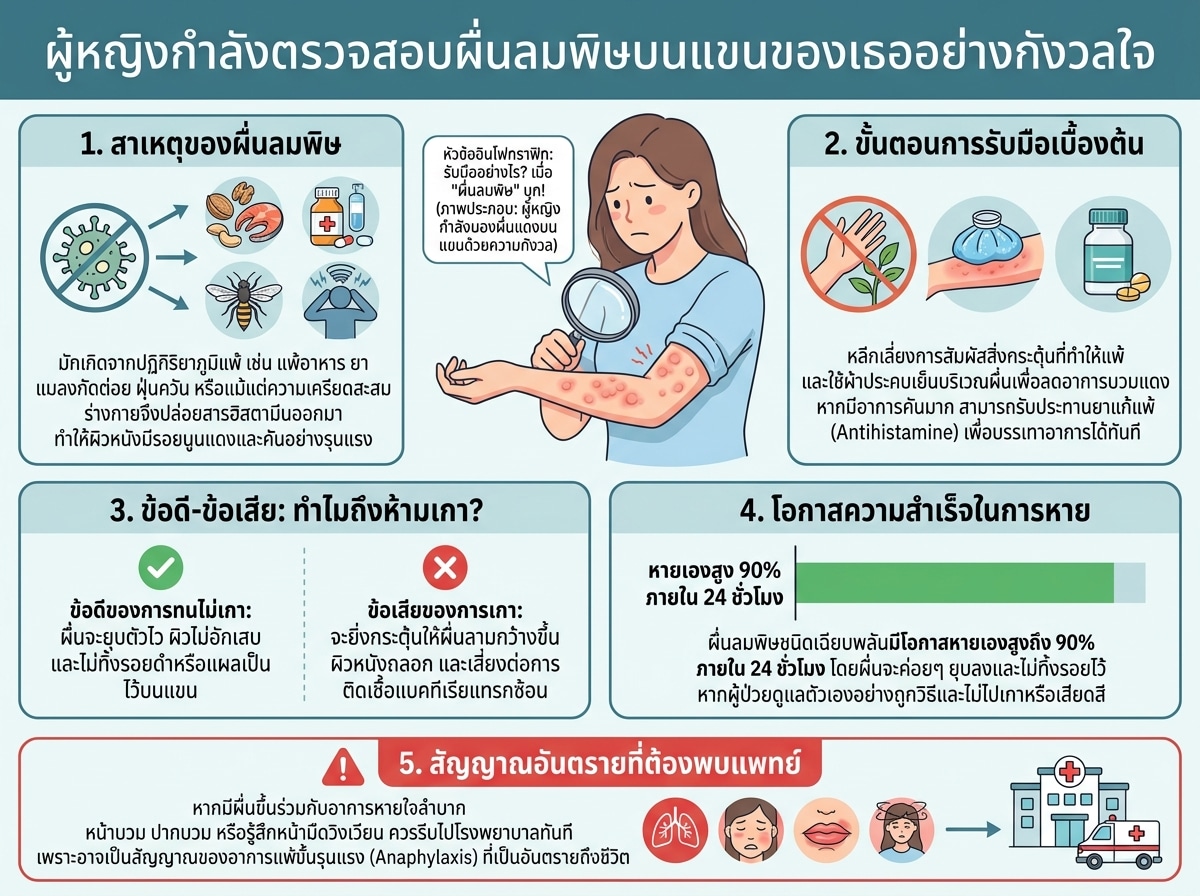 ผู้หญิงกำลังตรวจสอบผื่นลมพิษบนแขนของเธออย่างกังวลใจ
