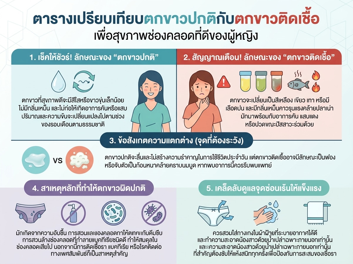 ตารางเปรียบเทียบตกขาวปกติกับตกขาวติดเชื้อ เพื่อสุขภาพช่องคลอดที่ดีของผู้หญิง