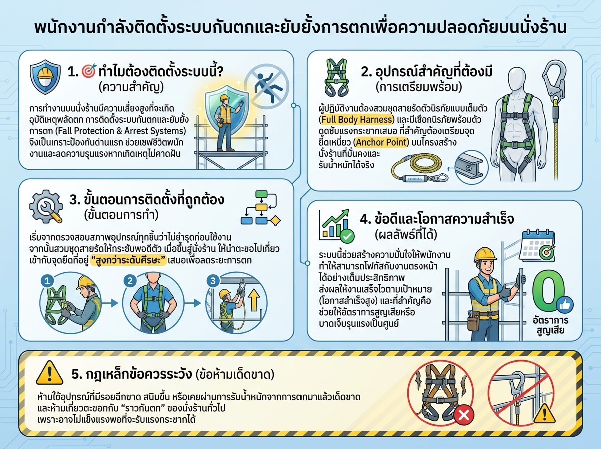 พนักงานกำลังติดตั้งระบบกันตกและยับยั้งการตกเพื่อความปลอดภัยบนนั่งร้าน