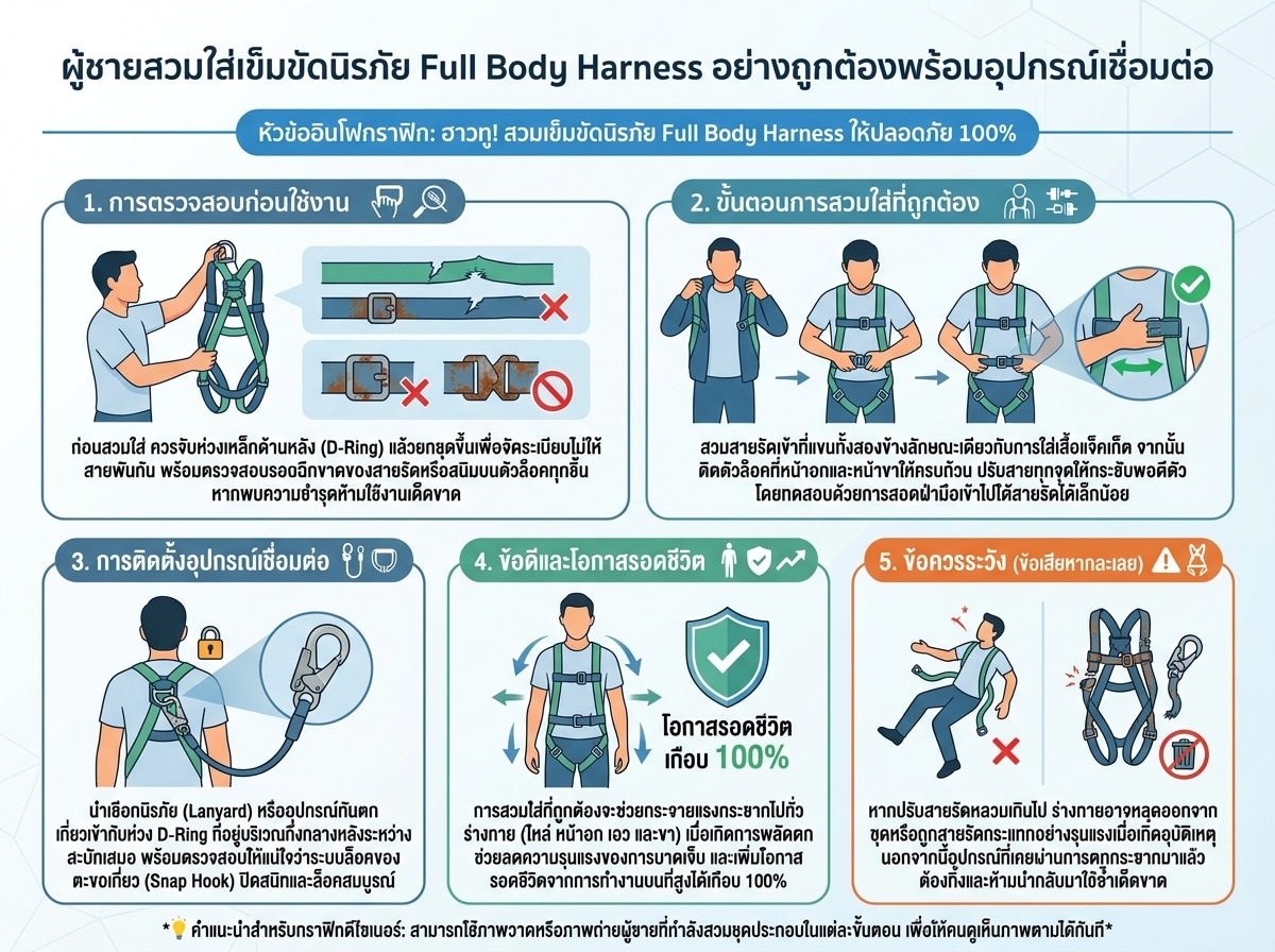 ผู้ชายสวมใส่เข็มขัดนิรภัย Full Body Harness อย่างถูกต้องพร้อมอุปกรณ์เชื่อมต่อ