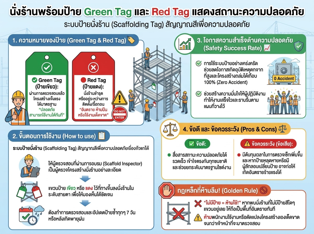 นั่งร้านพร้อมป้าย Green Tag และ Red Tag แสดงสถานะความปลอดภัย