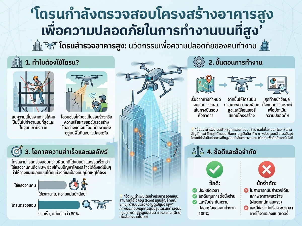 โดรนกำลังตรวจสอบโครงสร้างอาคารสูง เพื่อความปลอดภัยในการทำงานบนที่สูง