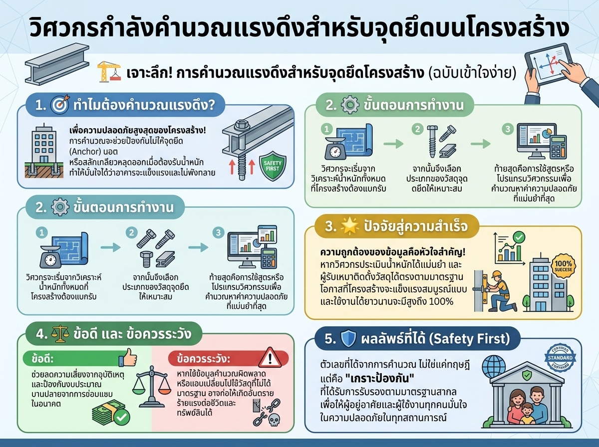 วิศวกรกำลังคำนวณแรงดึงสำหรับจุดยึดบนโครงสร้าง
