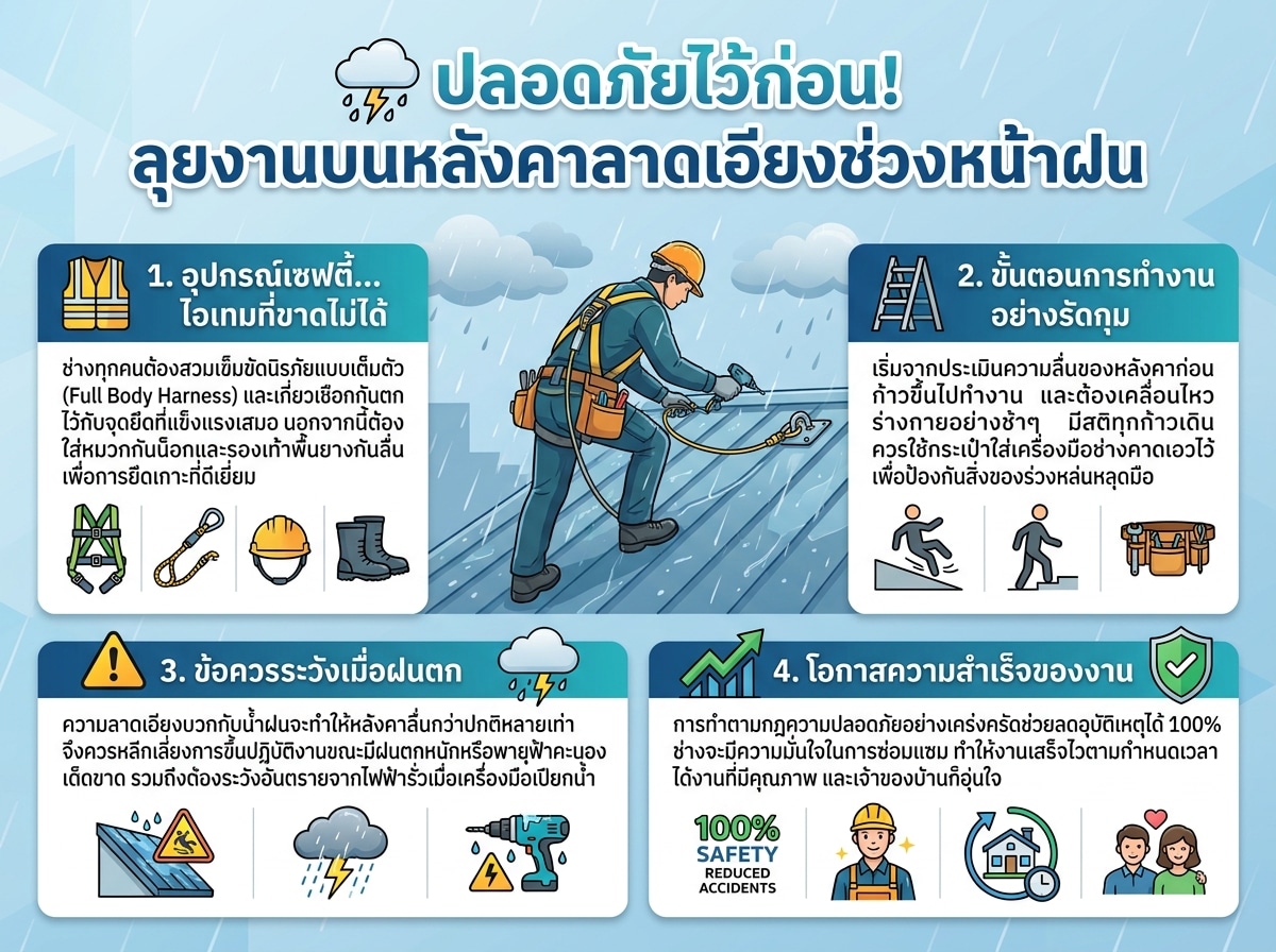 ช่างกำลังใช้อุปกรณ์ความปลอดภัยทำงานบนหลังคาลาดเอียงช่วงหน้าฝน