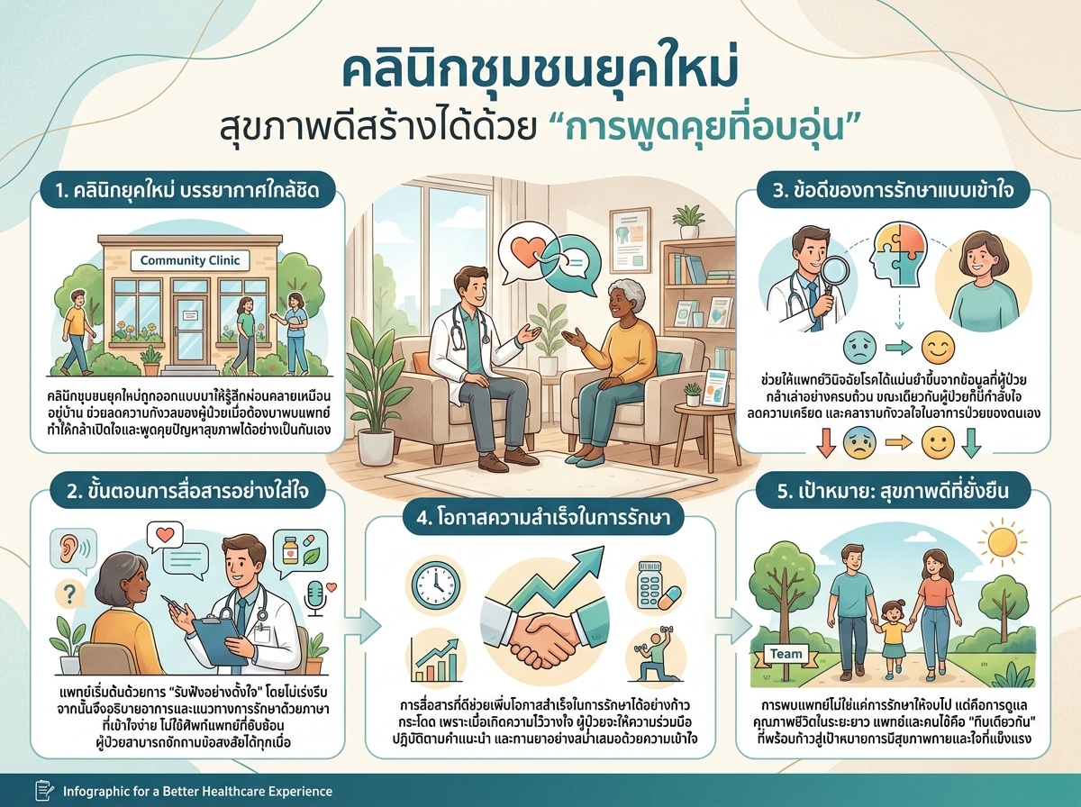 แพทย์และคนไข้สนทนากันอย่างอบอุ่นในคลินิกชุมชนยุคใหม่