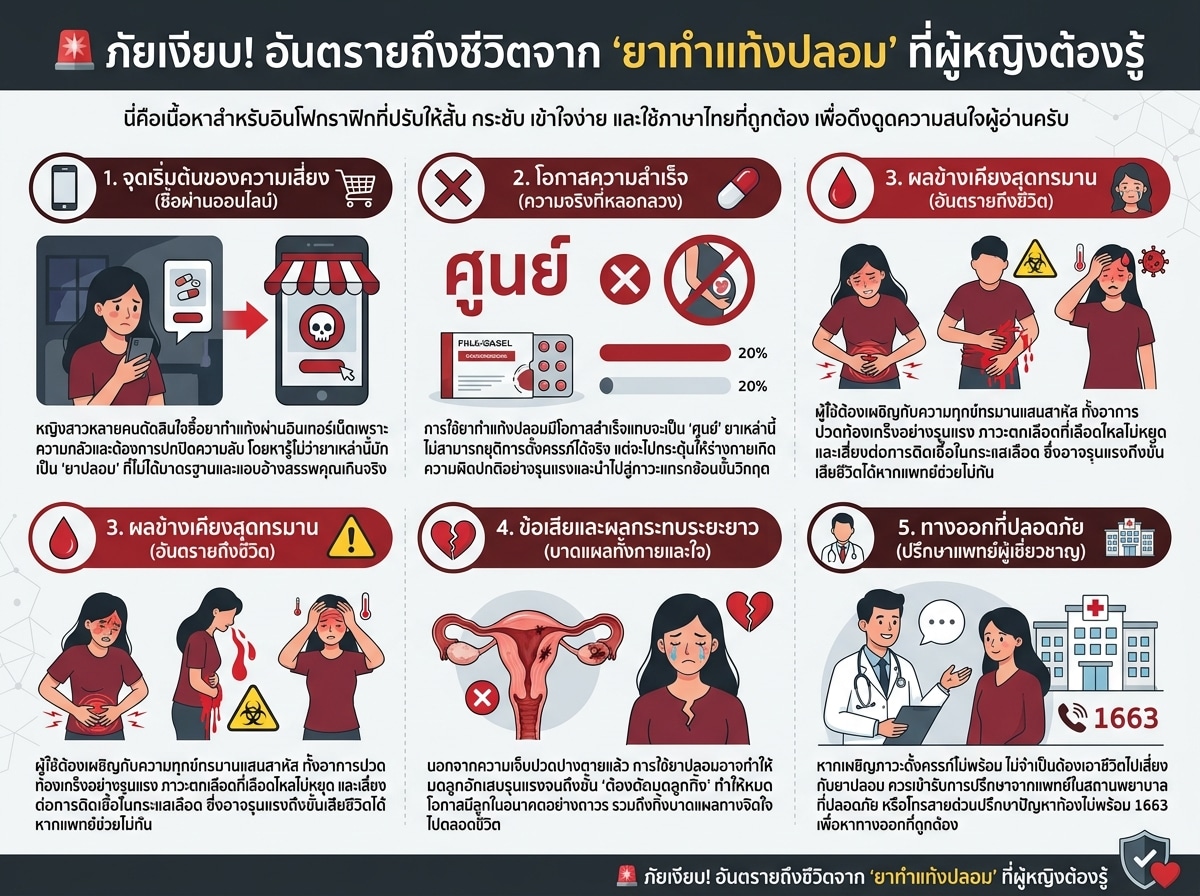 หญิงสาวกำลังได้รับความทุกข์ทรมานจากผลข้างเคียงของยาทำแท้งปลอม