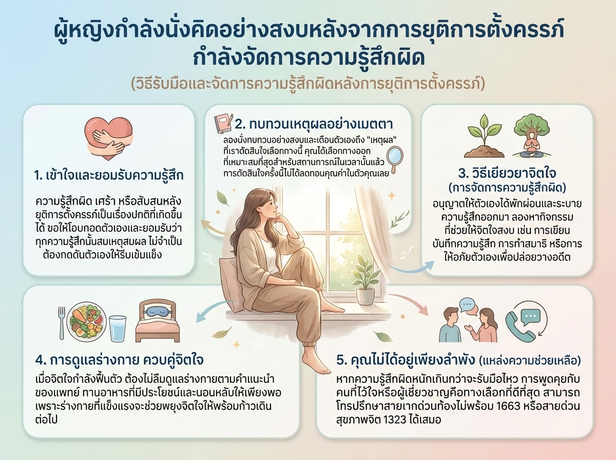 ผู้หญิงกำลังนั่งคิดอย่างสงบหลังจากการยุติการตั้งครรภ์ กำลังจัดการความรู้สึกผิด