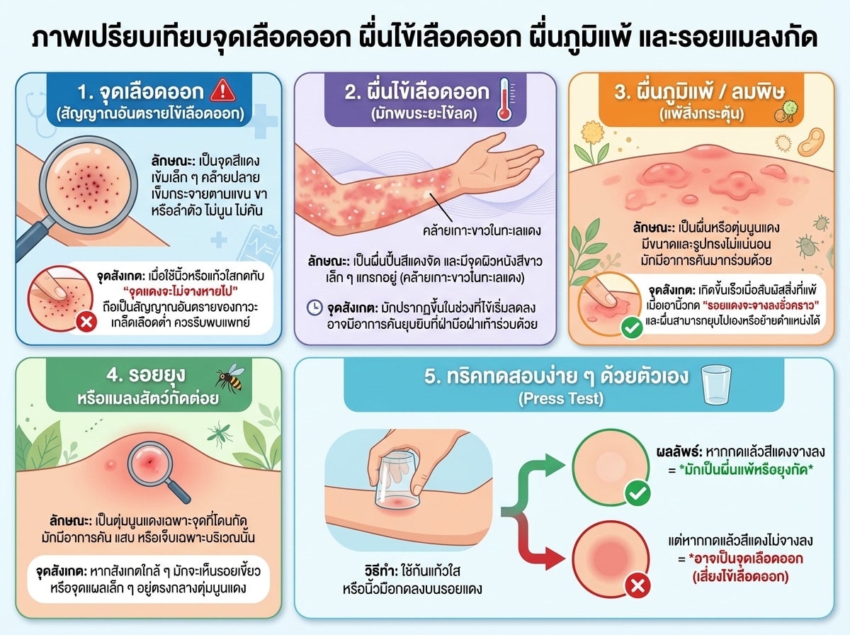 ภาพเปรียบเทียบจุดเลือดออก ผื่นไข้เลือดออก ผื่นภูมิแพ้ และรอยแมลงกัด