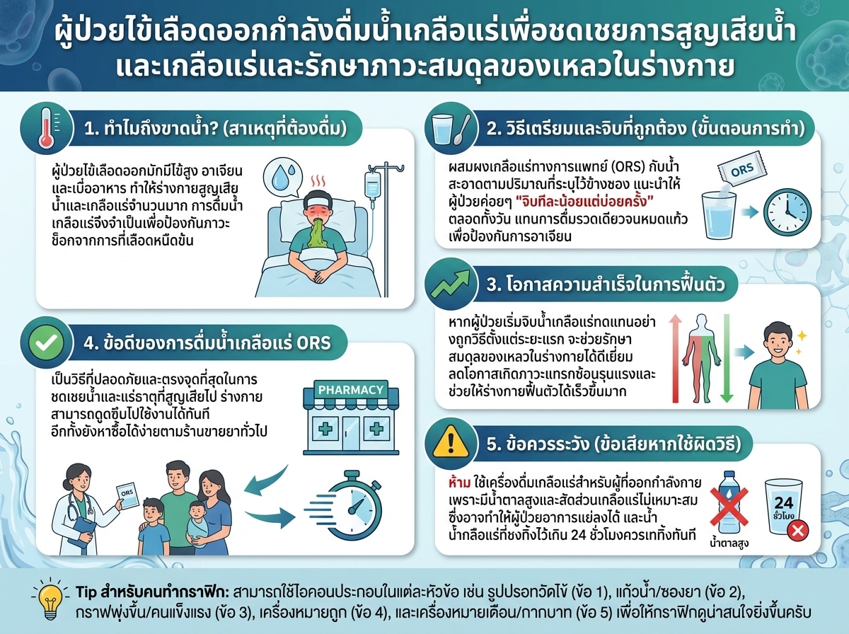 ผู้ป่วยไข้เลือดออกกำลังดื่มน้ำเกลือแร่เพื่อชดเชยการสูญเสียน้ำและเกลือแร่และรักษาภาวะสมดุลของเหลวในร่างกาย