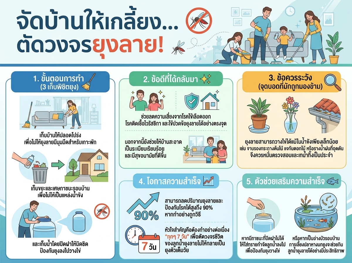 คนกำลังทำความสะอาดและจัดเก็บสิ่งของในบ้านเพื่อป้องกันยุงลาย