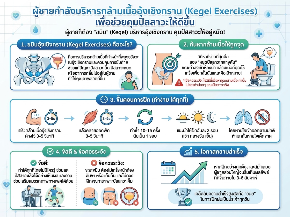 ผู้ชายกำลังบริหารกล้ามเนื้ออุ้งเชิงกราน (Kegel Exercises) เพื่อช่วยคุมปัสสาวะให้ดีขึ้น
