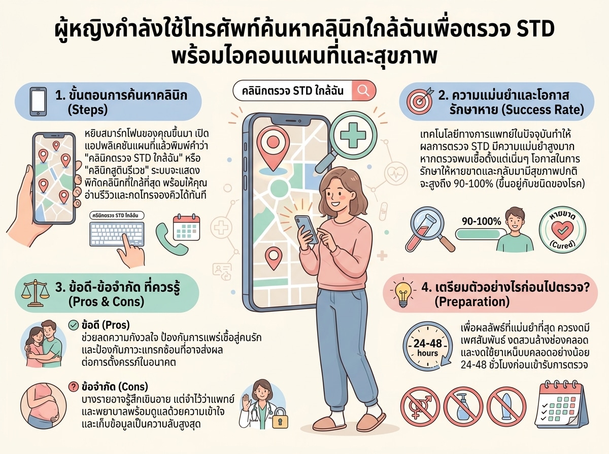ผู้หญิงกำลังใช้โทรศัพท์ค้นหาคลินิกใกล้ฉันเพื่อตรวจ STD พร้อมไอคอนแผนที่และสุขภาพ