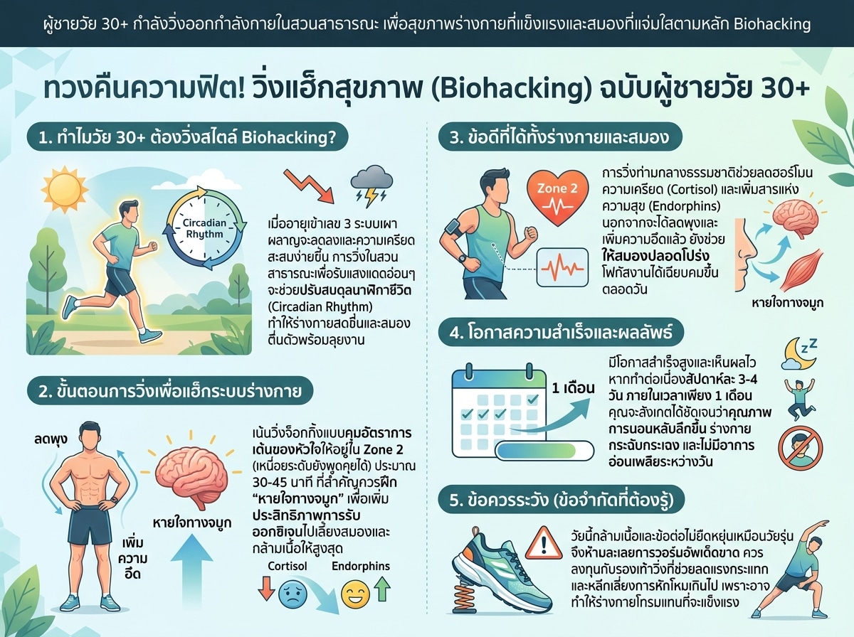 ผู้ชายวัย 30+ กำลังวิ่งออกกำลังกายในสวนสาธารณะ เพื่อสุขภาพร่างกายที่แข็งแรงและสมองที่แจ่มใสตามหลัก Biohacking