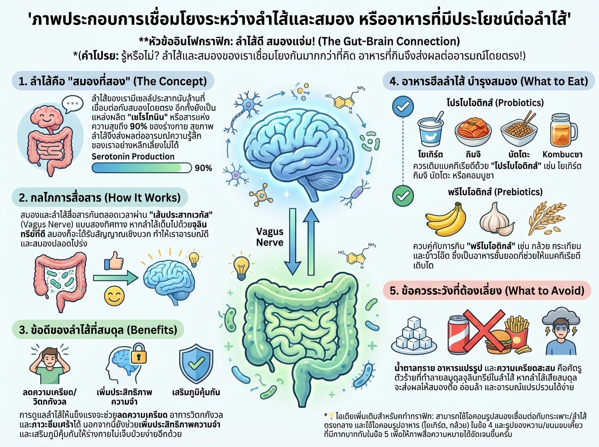ภาพประกอบการเชื่อมโยงระหว่างลำไส้และสมอง หรืออาหารที่มีประโยชน์ต่อลำไส้