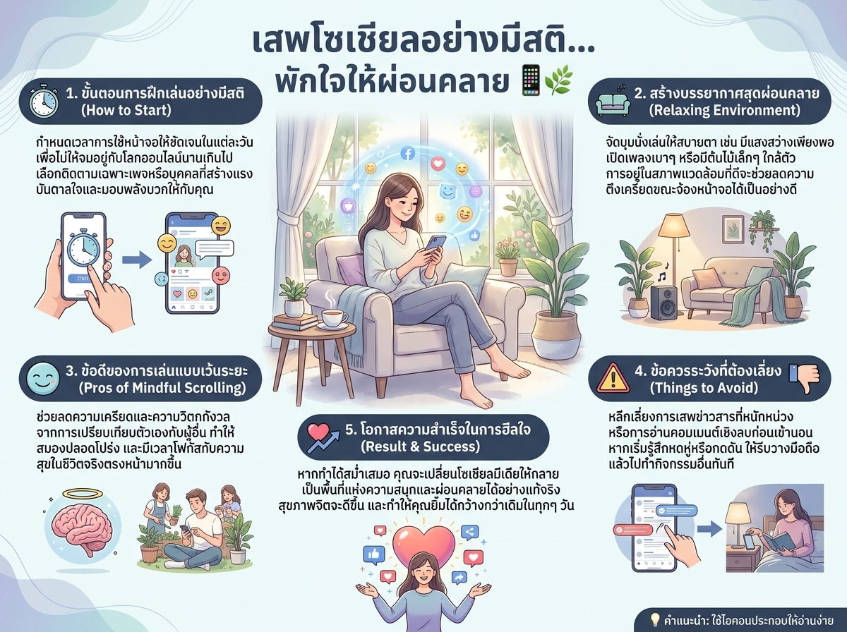 ผู้หญิงกำลังใช้โทรศัพท์มือถือในสภาพแวดล้อมที่ผ่อนคลาย และรู้สึกผ่อนคลายจากการใช้โซเชียลมีเดียอย่างมีสติ