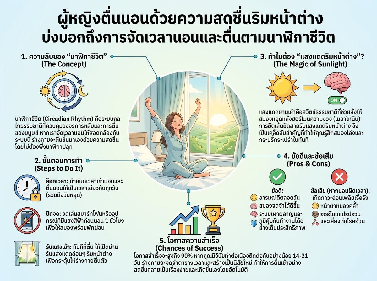 ผู้หญิงตื่นนอนด้วยความสดชื่นริมหน้าต่างบ่งบอกถึงการจัดเวลานอนและตื่นตามนาฬิกาชีวิต