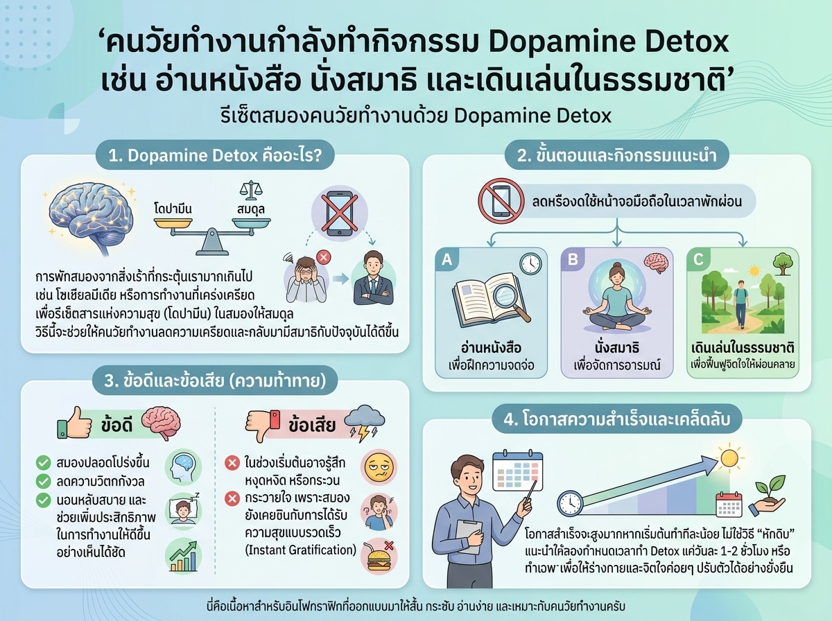 คนวัยทำงานกำลังทำกิจกรรม Dopamine Detox เช่น อ่านหนังสือ นั่งสมาธิ และเดินเล่นในธรรมชาติ