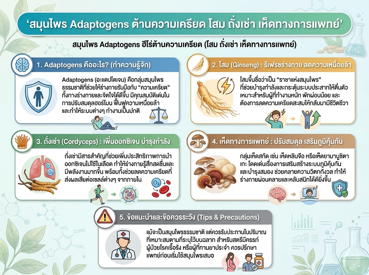 สมุนไพร Adaptogens ต้านความเครียด โสม ถั่งเช่า เห็ดทางการแพทย์