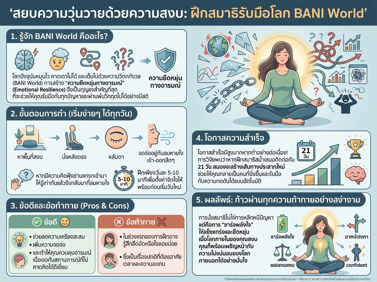 ผู้หญิงกำลังนั่งสมาธิอย่างสงบเพื่อฝึกความยืดหยุ่นทางอารมณ์และรับมือกับความท้าทายของ BANI World