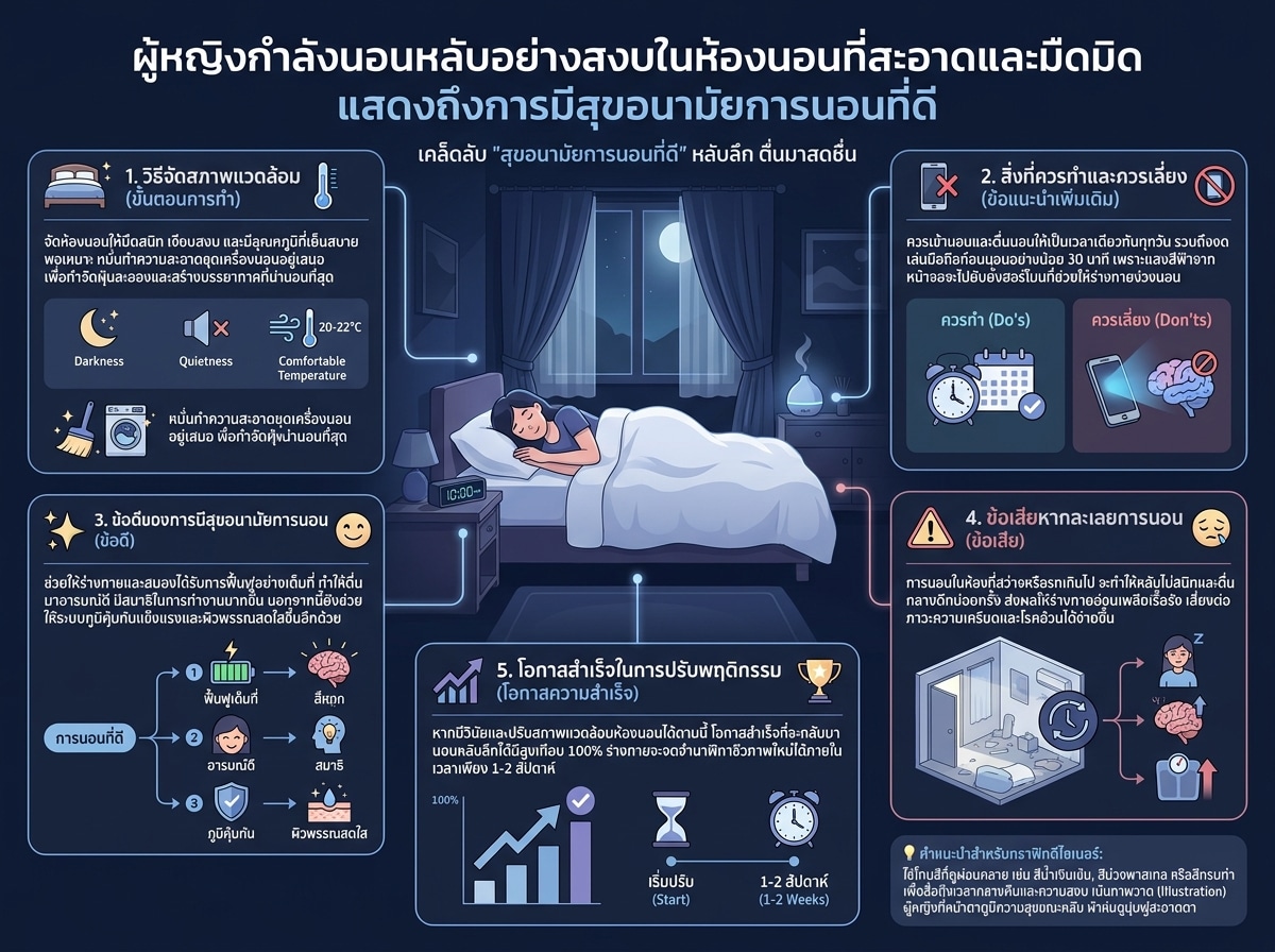 ผู้หญิงกำลังนอนหลับอย่างสงบในห้องนอนที่สะอาดและมืดมิด แสดงถึงการมีสุขอนามัยการนอนที่ดี