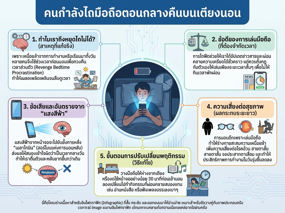 คนกำลังไถมือถือตอนกลางคืนบนเตียงนอน