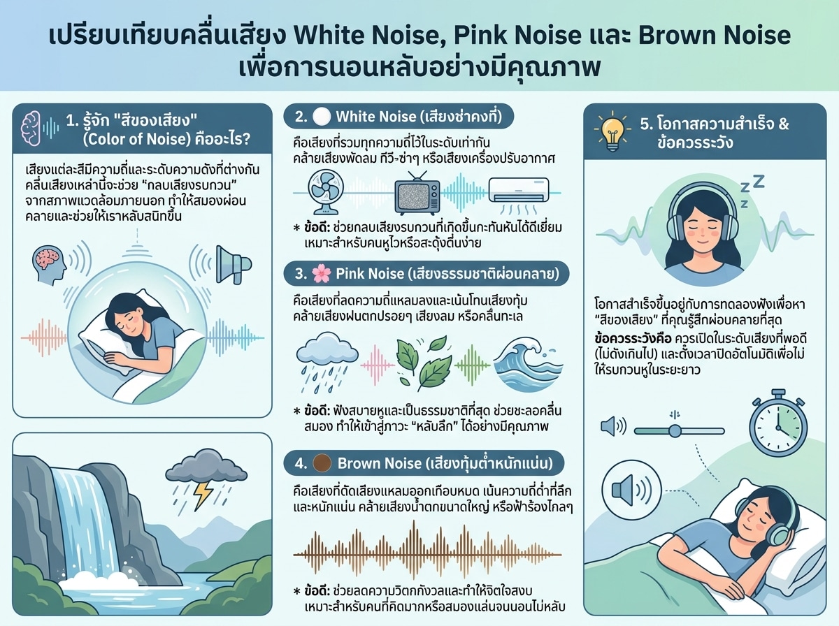 เปรียบเทียบคลื่นเสียง White Noise, Pink Noise และ Brown Noise เพื่อการนอนหลับอย่างมีคุณภาพ