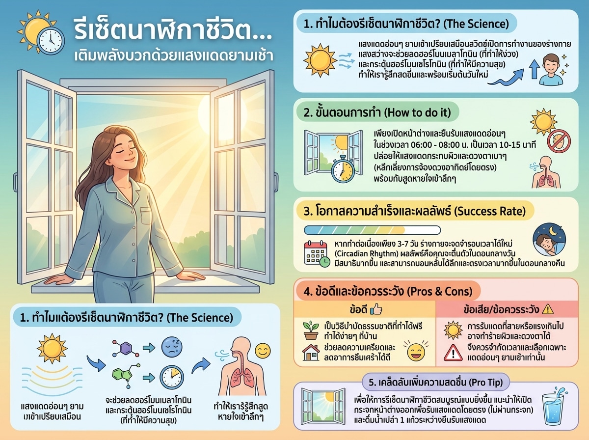 ผู้หญิงกำลังยืนรับแสงแดดอ่อนๆ ยามเช้าที่ริมหน้าต่าง แสดงถึงการรีเซ็ตนาฬิกาชีวิตด้วยแสงแดด