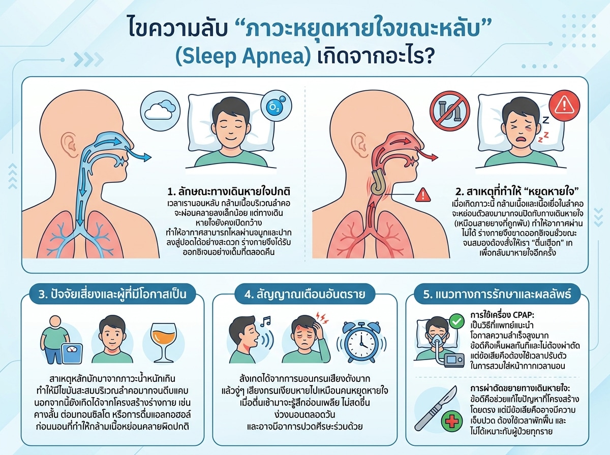 ภาพแสดงทางเดินหายใจและสาเหตุของภาวะหยุดหายใจขณะหลับ